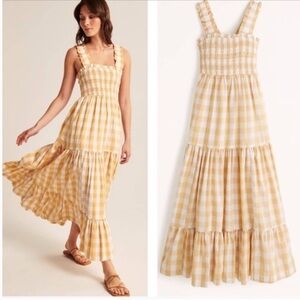 Abercrombie & Fitch Plaid Maxi Dress Yellow White Picnic Long Ruffle Small